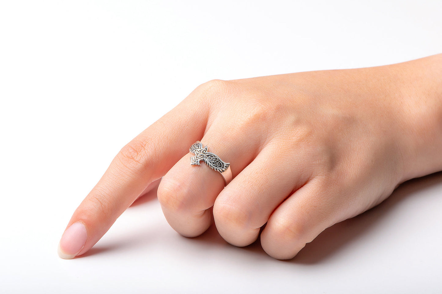 925 Sterling Silver Viking Raven Ring with Celtic Knotwork - SilverMania925