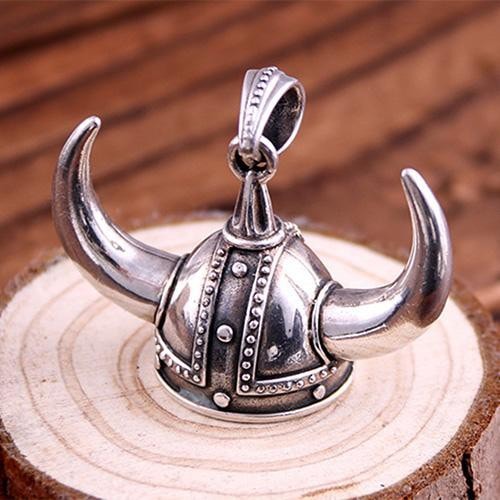 925 Sterling Silver Viking Helmet Norse Horned Horn Odin Amulet Big Pendant - SilverMania925