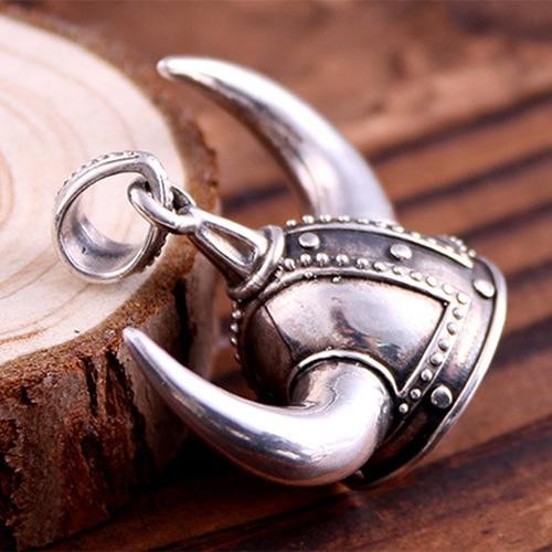 925 Sterling Silver Viking Helmet Norse Horned Horn Odin Amulet Big Pendant - SilverMania925