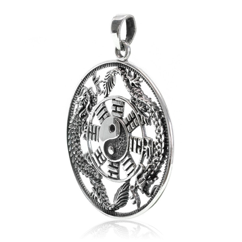 925 Sterling Silver Yin Yang with Dragon Big Pendant - SilverMania925