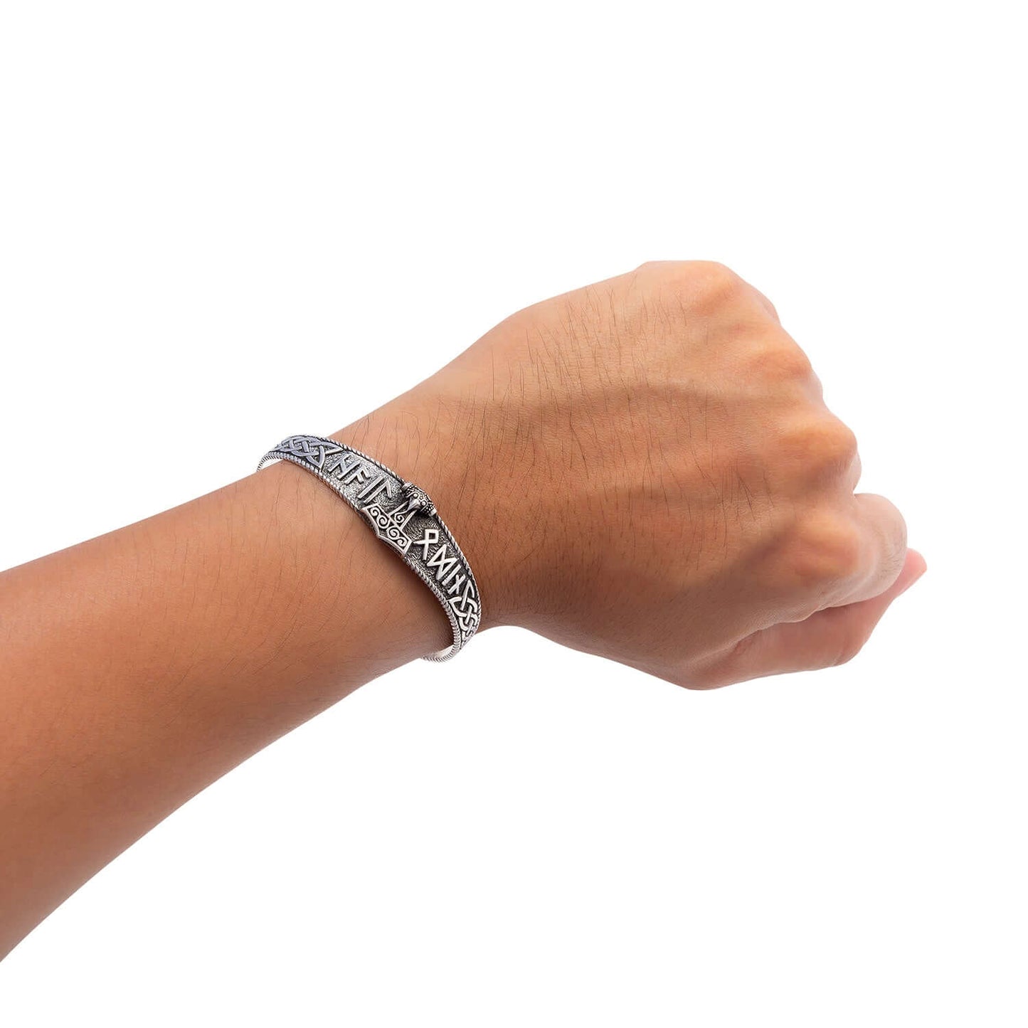 925 Sterling Silver Mjolnir with Hail Odin Runes Bangle - SilverMania925