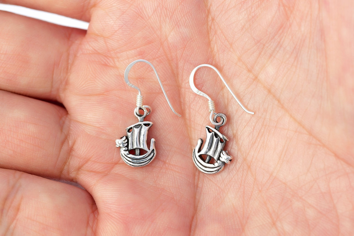 925 Sterling Silver Viking Norse Boat Dangle Earrings - SilverMania925