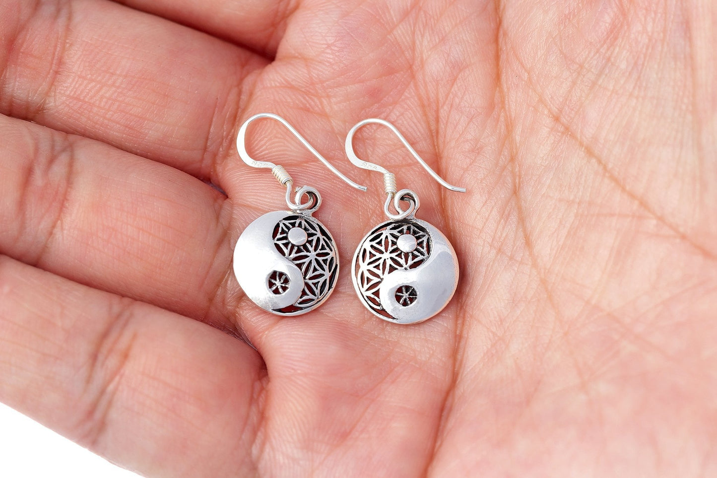 925 Sterling Silver Yin Yang Flower of Life Earrings - SilverMania925