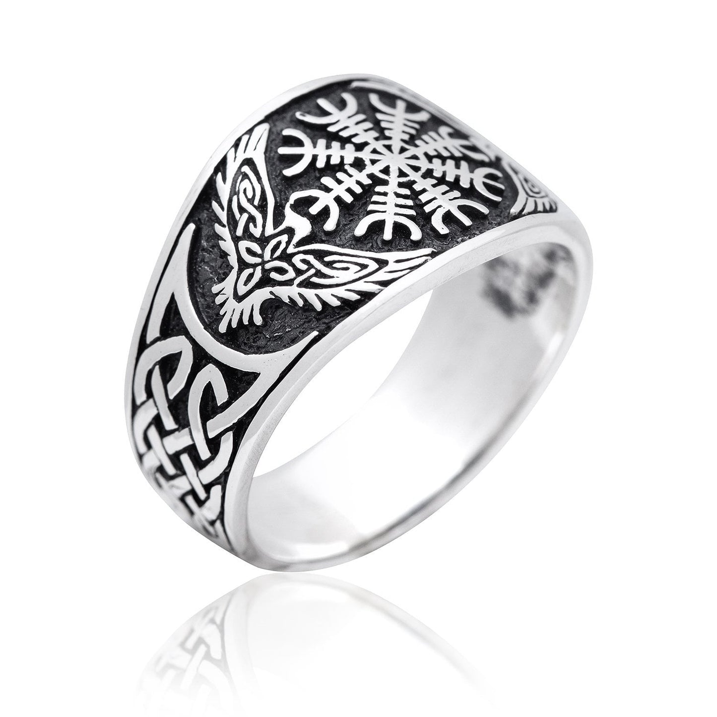 925 Sterling Silver Viking Raven Aegishjalmur Helm of Awe Celtic Knotwork Ring - SilverMania925