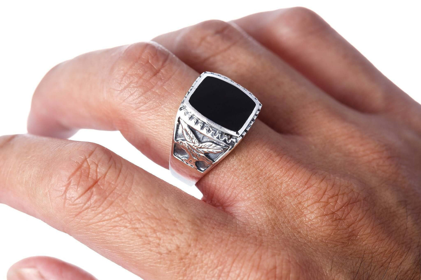 925 Sterling Silver Mens German Eagle Black Onyx Ring - SilverMania925