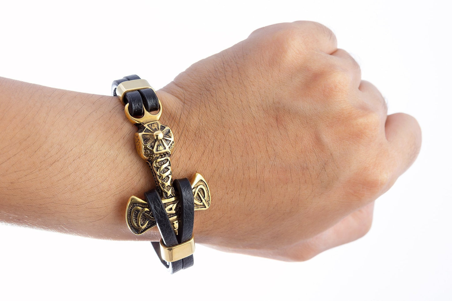 Gold Plated Stainless Steel Viking Mjolnir Black Leather Bracelet - SilverMania925
