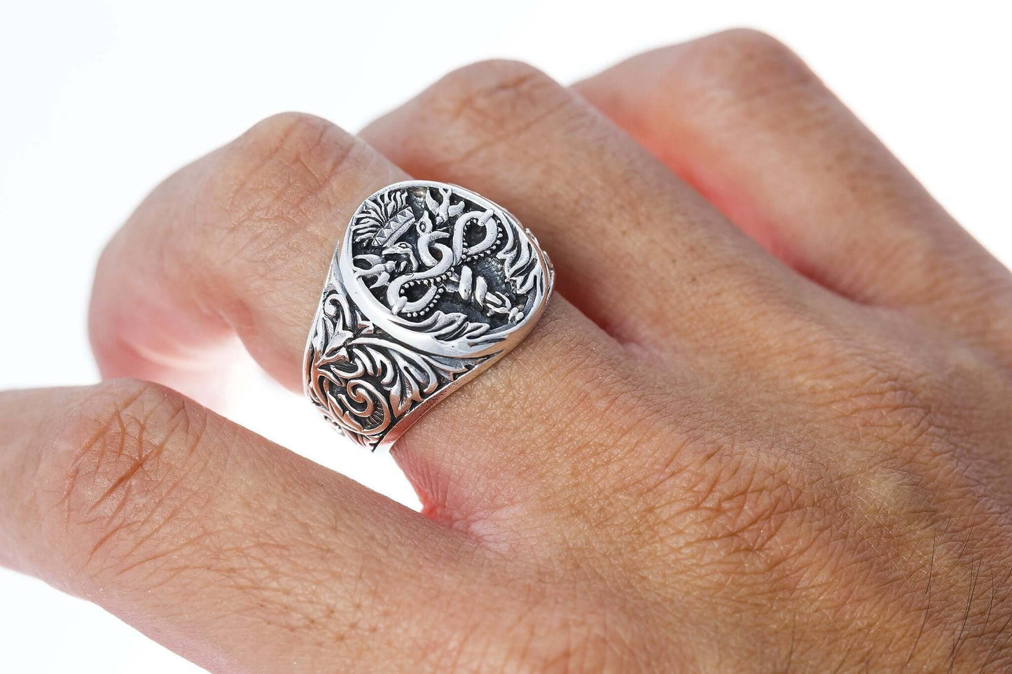 925 Sterling Silver Caduceus Medical Symbol Signet Ring - SilverMania925