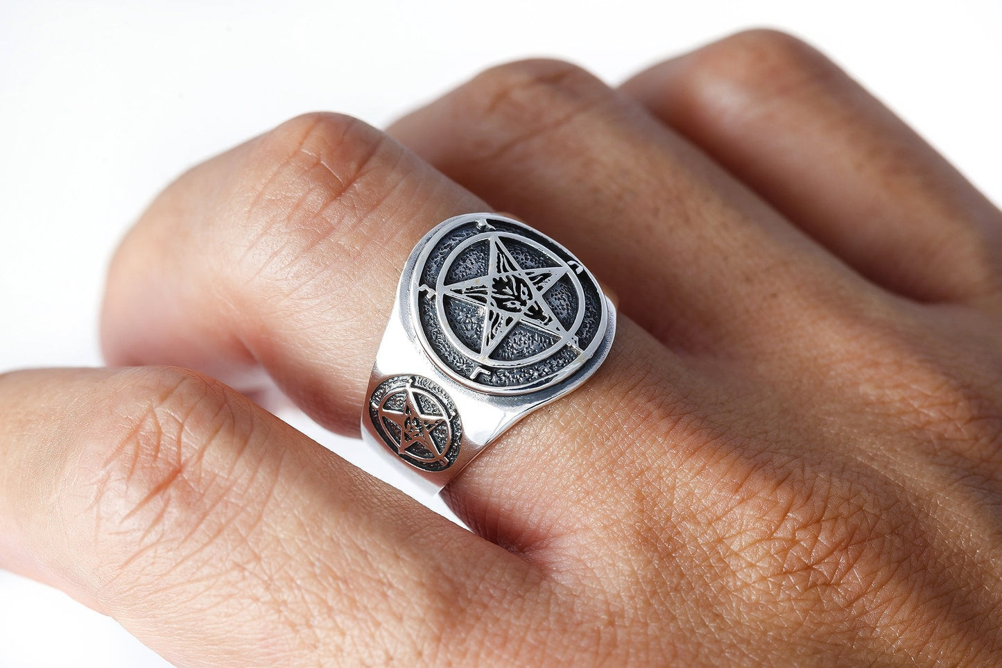 925 Sterling Silver Sigil of Baphomet Inverted Pentagram Satanic Ring - SilverMania925