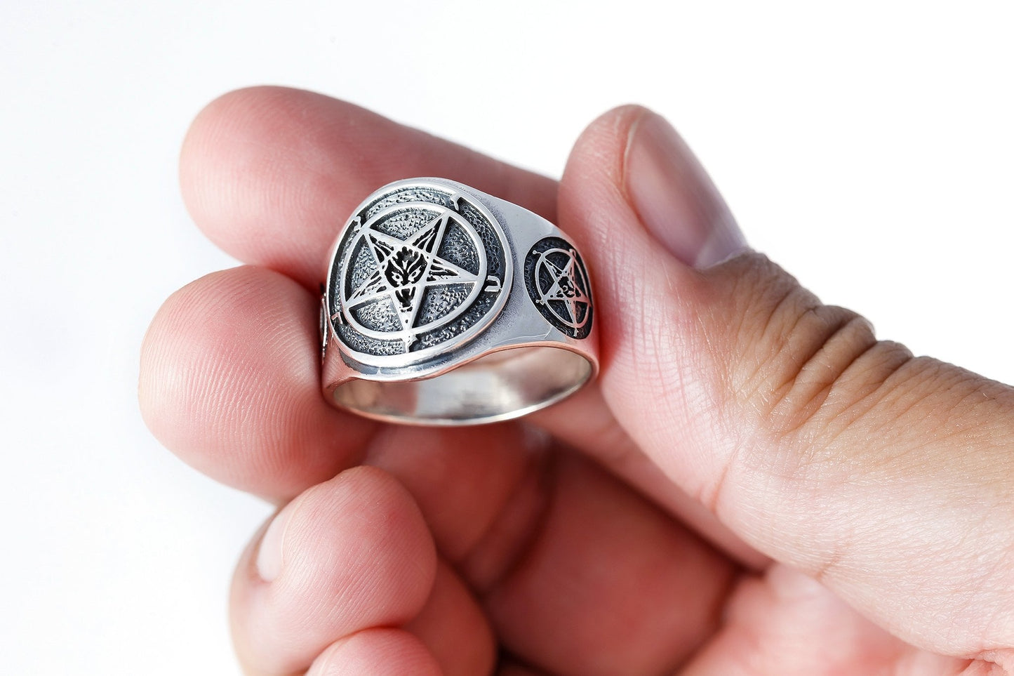 925 Sterling Silver Sigil of Baphomet Inverted Pentagram Satanic Ring - SilverMania925