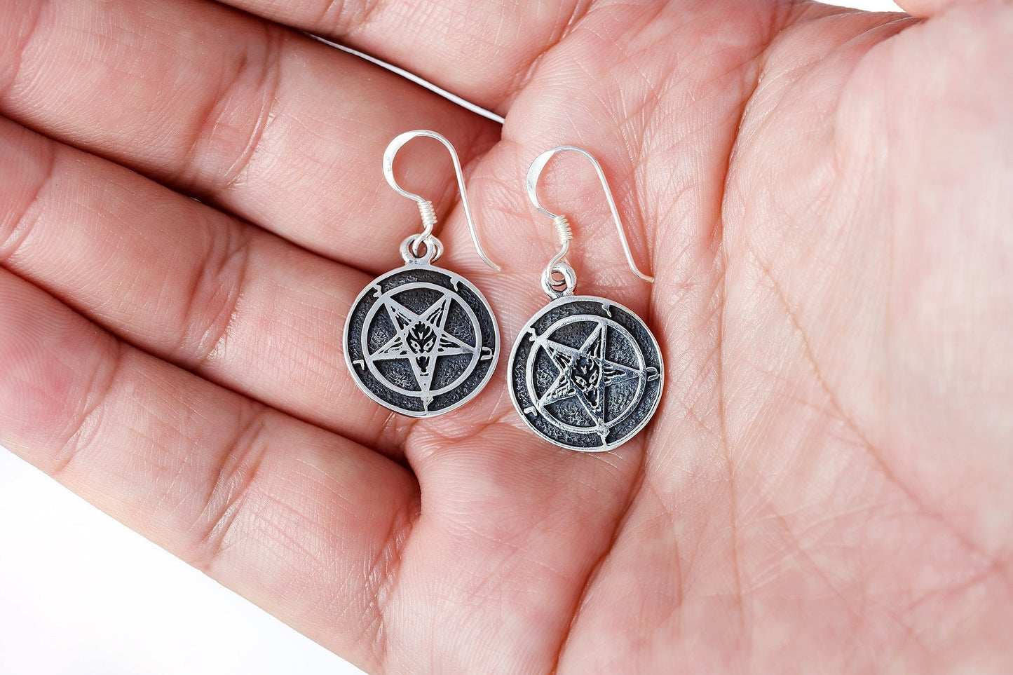 925 Sterling Silver Sigil of Baphomet Inverted Pentagram Satanic Earrings Set - SilverMania925