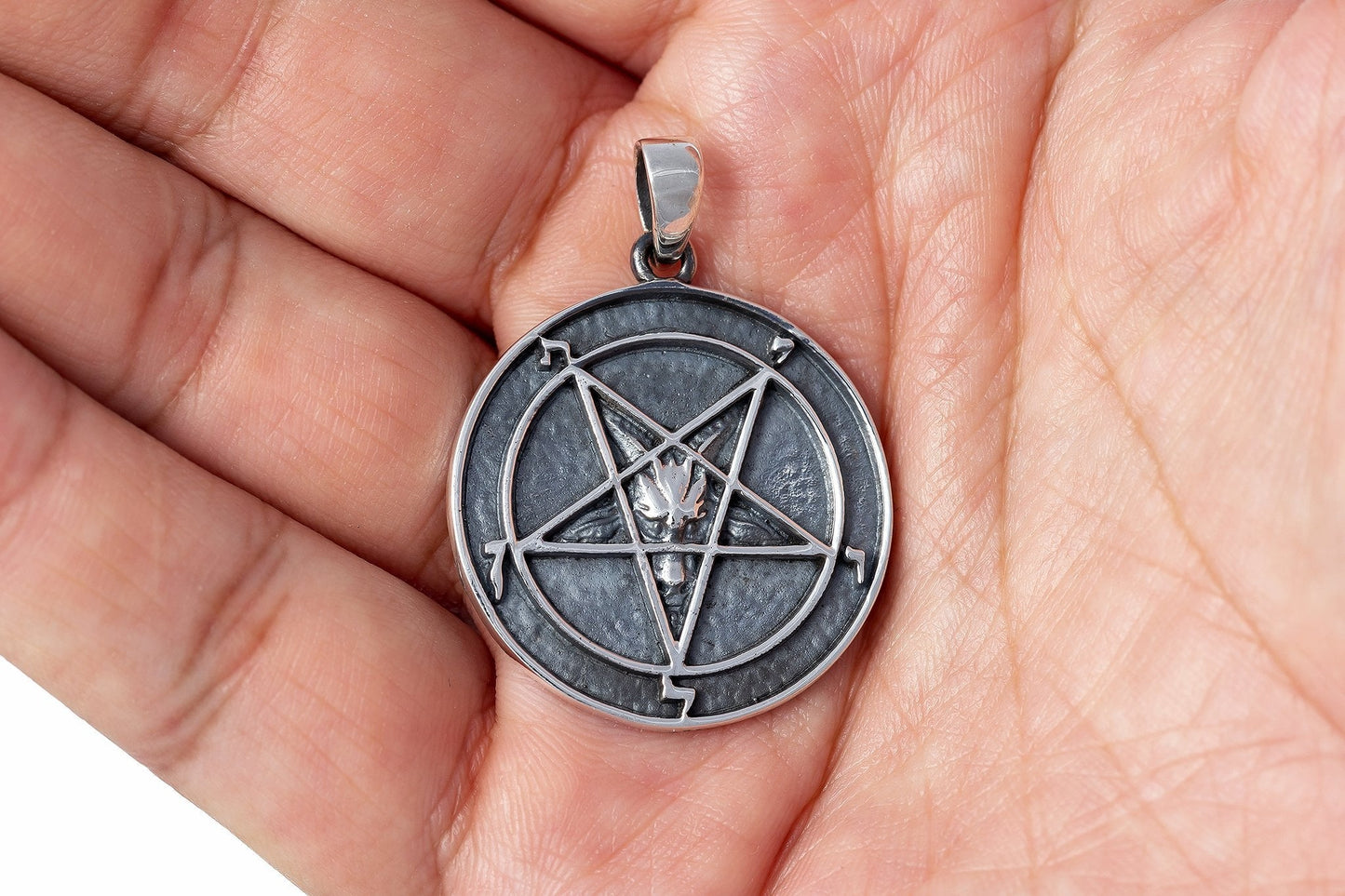925 Sterling Silver Sigil of Baphomet Inverted Pentagram Satanic Pendant - SilverMania925