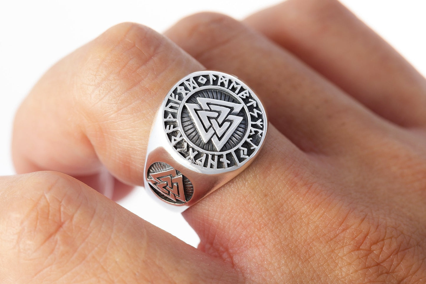 925 Sterling Silver Valknut Ring with Runes - SilverMania925