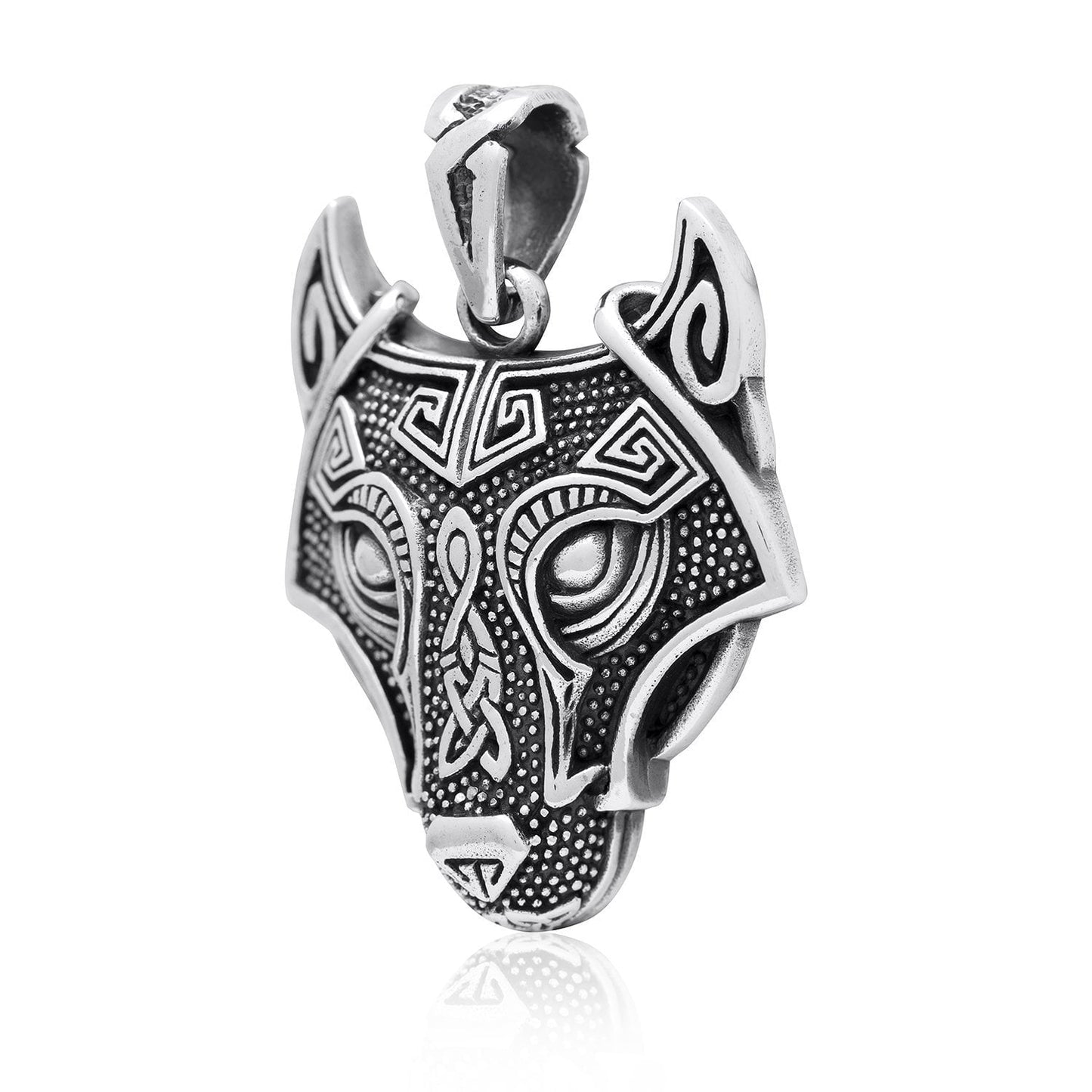 925 Sterling Silver Viking Wolf Fenrir Head Norse Knotwork Amulet Pendant - SilverMania925