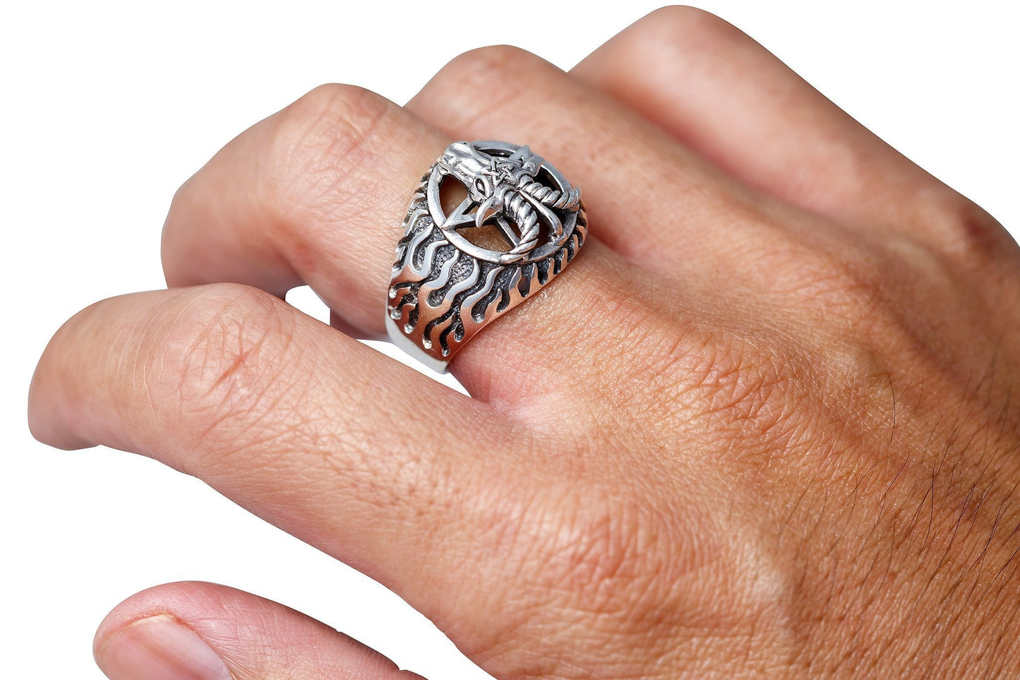 Sterling Silver Sigil of Baphomet Pentagram Goat of Mendes Satanic Ring - SilverMania925