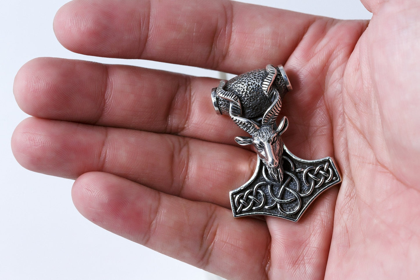 925 Sterling Silver Thor Hammer Mjolnir Viking Ram Goat Celtic Knotwork Amulet Pendant - SilverMania925