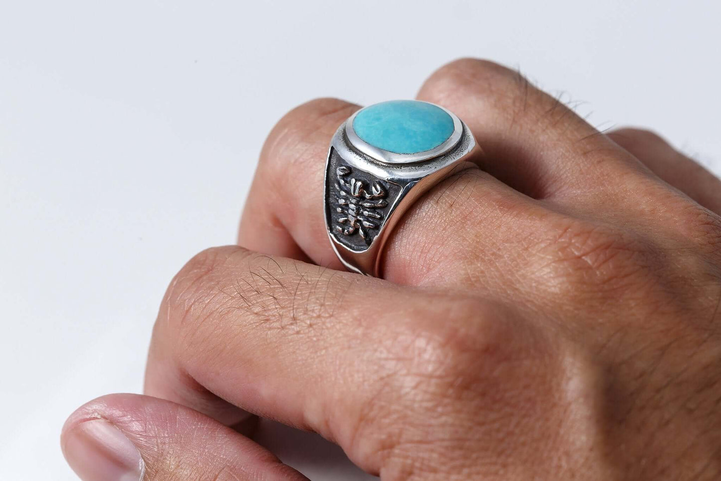 925 Sterling Silver Mens Oval Turquoise Engraved Scorpion Thick Ring - SilverMania925