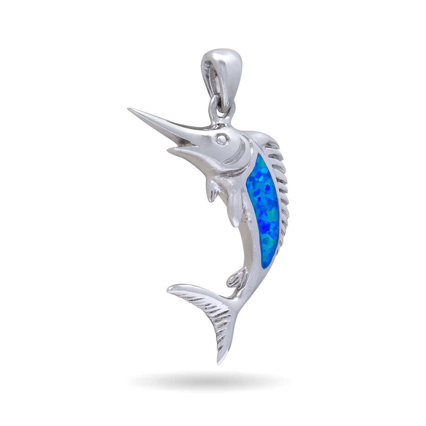 925 Sterling Silver Hawaiian Blue Inlay Opal Swordfish Fish Sea Charm Pendant - SilverMania925