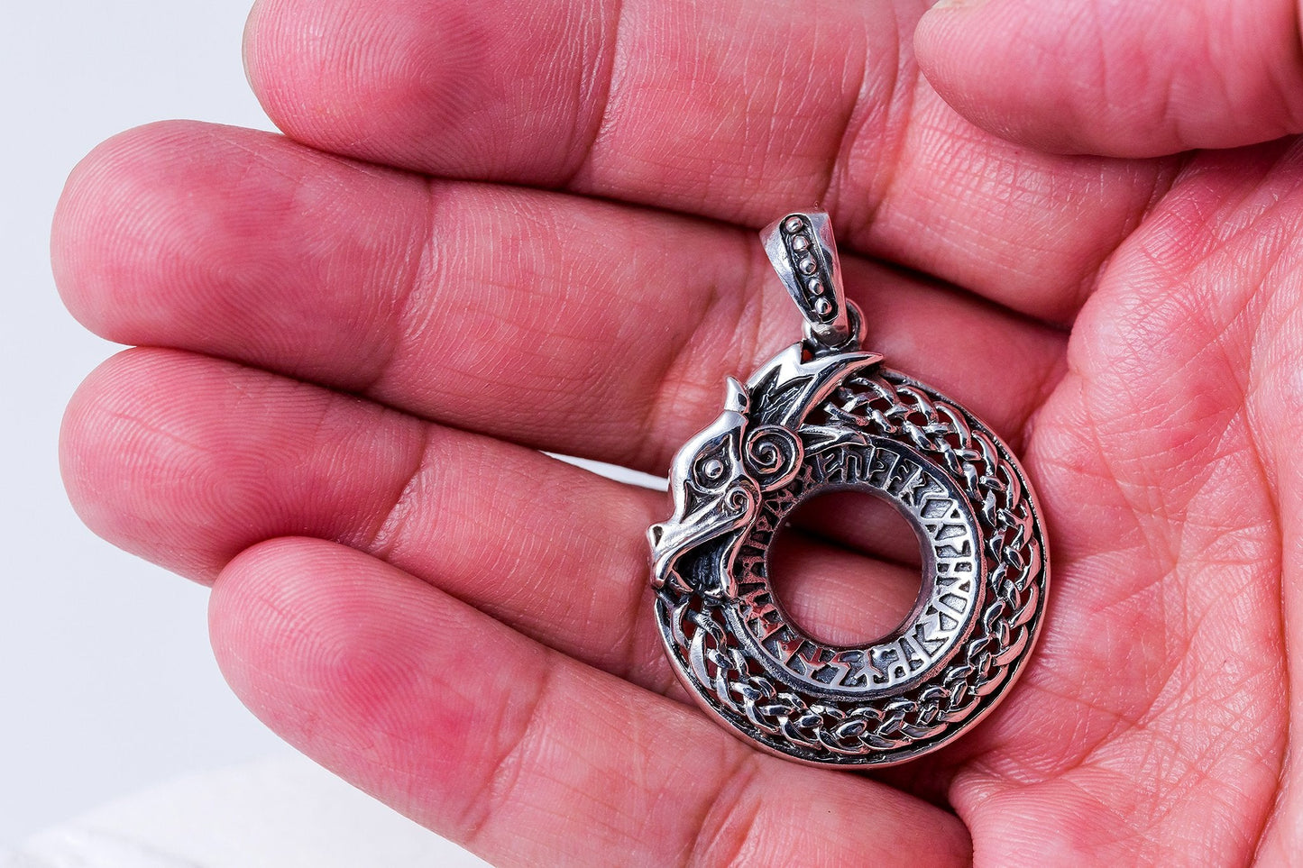 925 Sterling Silver Viking Dragon Jormungand Runes Futhark Pendant - SilverMania925