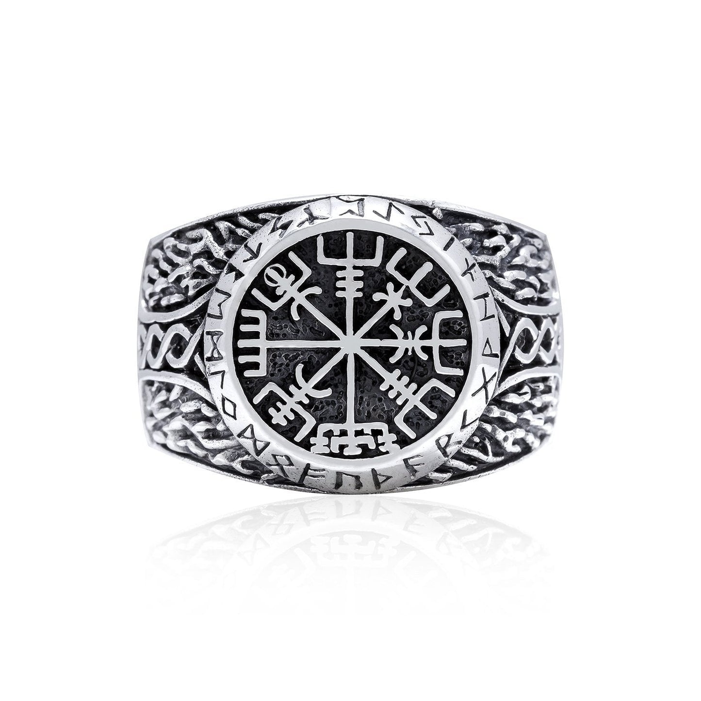 925 Sterling Silver Viking Vegvisir Runes Thor Hammer Handcrafted Ring - SilverMania925