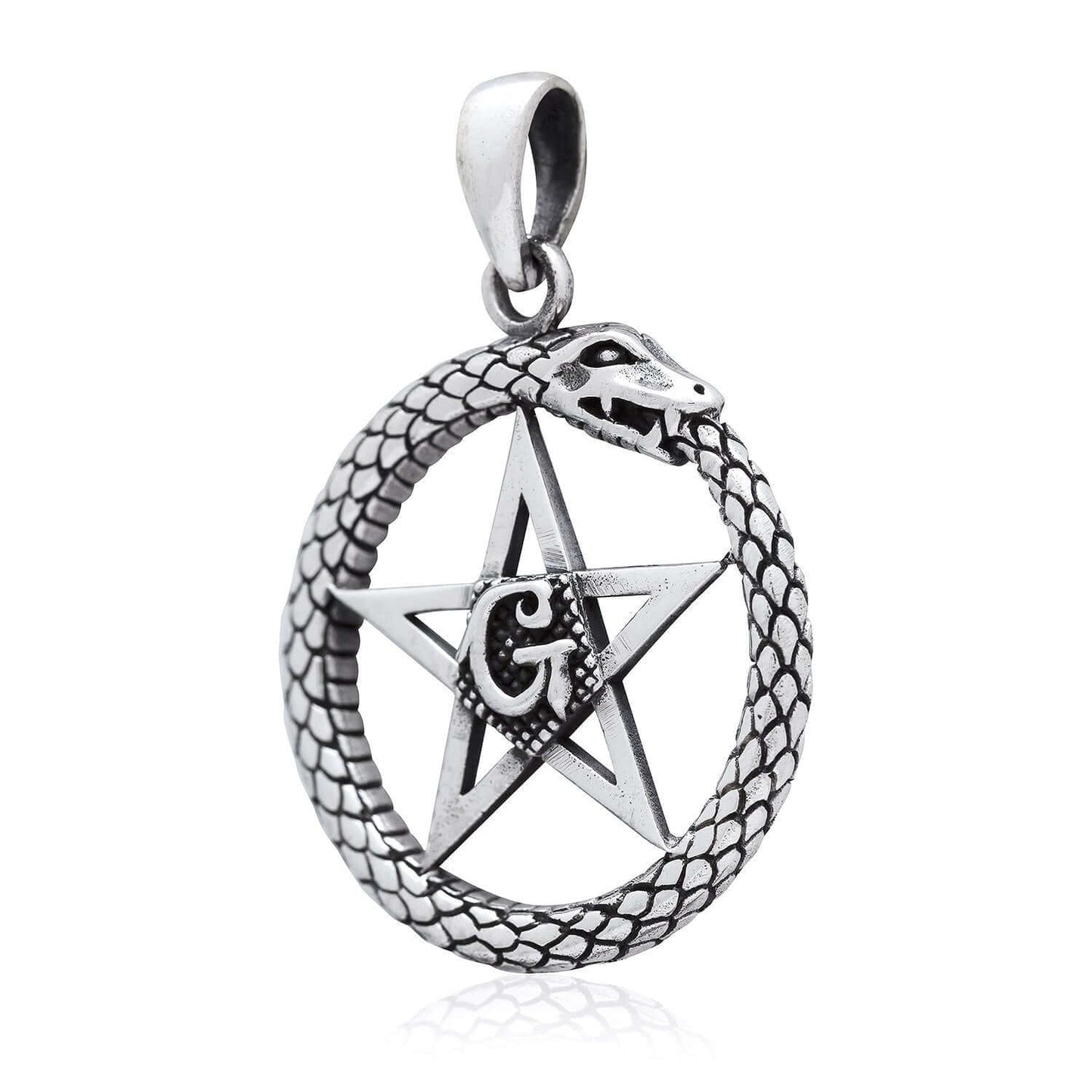 925 Sterling Silver Ouroboros Pentagram Masonic Letter G Pendant - SilverMania925