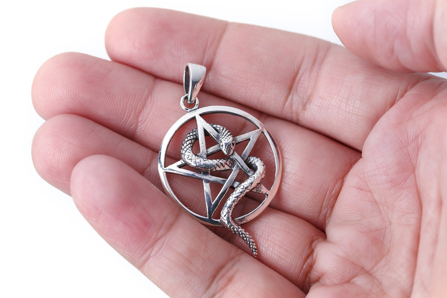 925 Sterling Silver Snake Pentagram Wiccan Pagan Pendant - SilverMania925