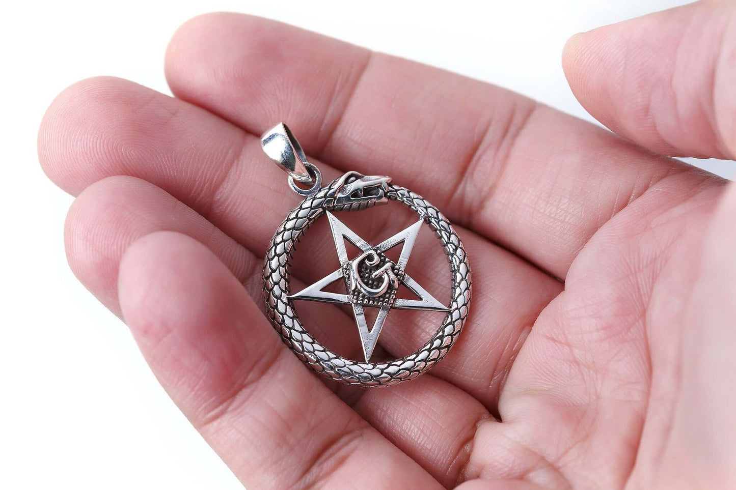 925 Sterling Silver Ouroboros Pentagram Masonic Letter G Pendant - SilverMania925