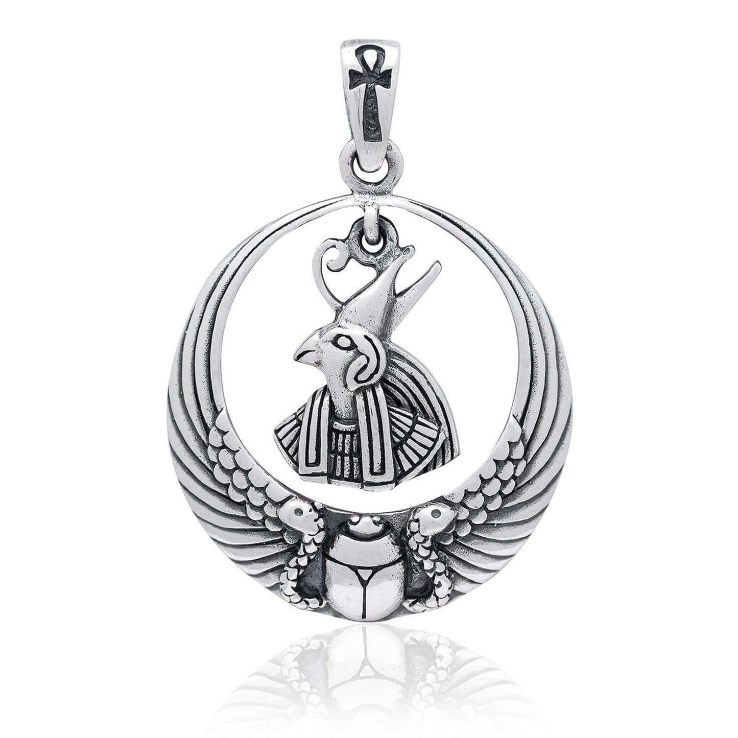 925 Sterling Silver Egyptian Sky God Horus Falcon Ankh Scarab Wings Pendant - SilverMania925