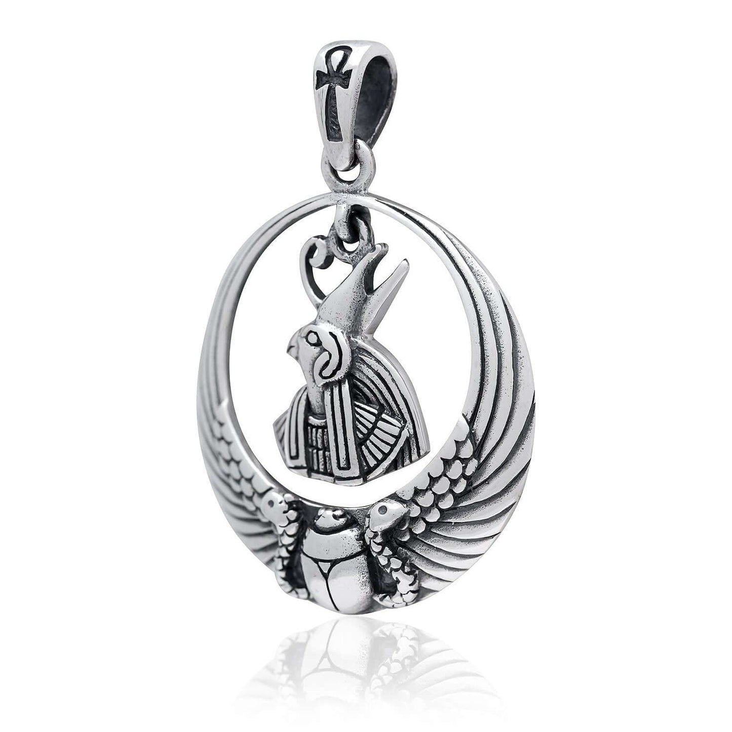 925 Sterling Silver Egyptian Sky God Horus Falcon Ankh Scarab Wings Pendant - SilverMania925