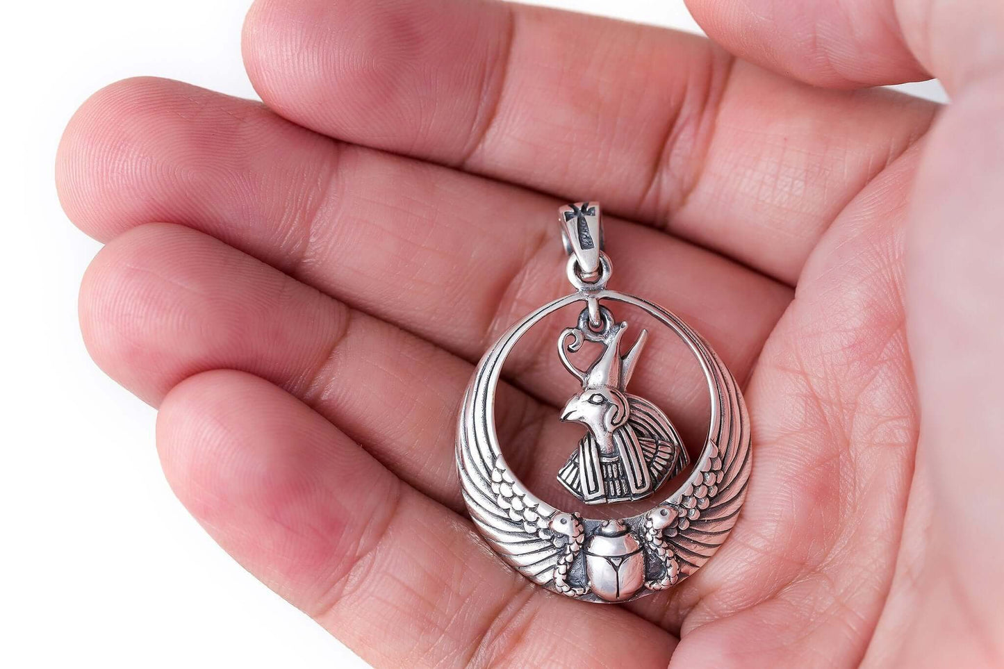 925 Sterling Silver Egyptian Sky God Horus Falcon Ankh Scarab Wings Pendant - SilverMania925