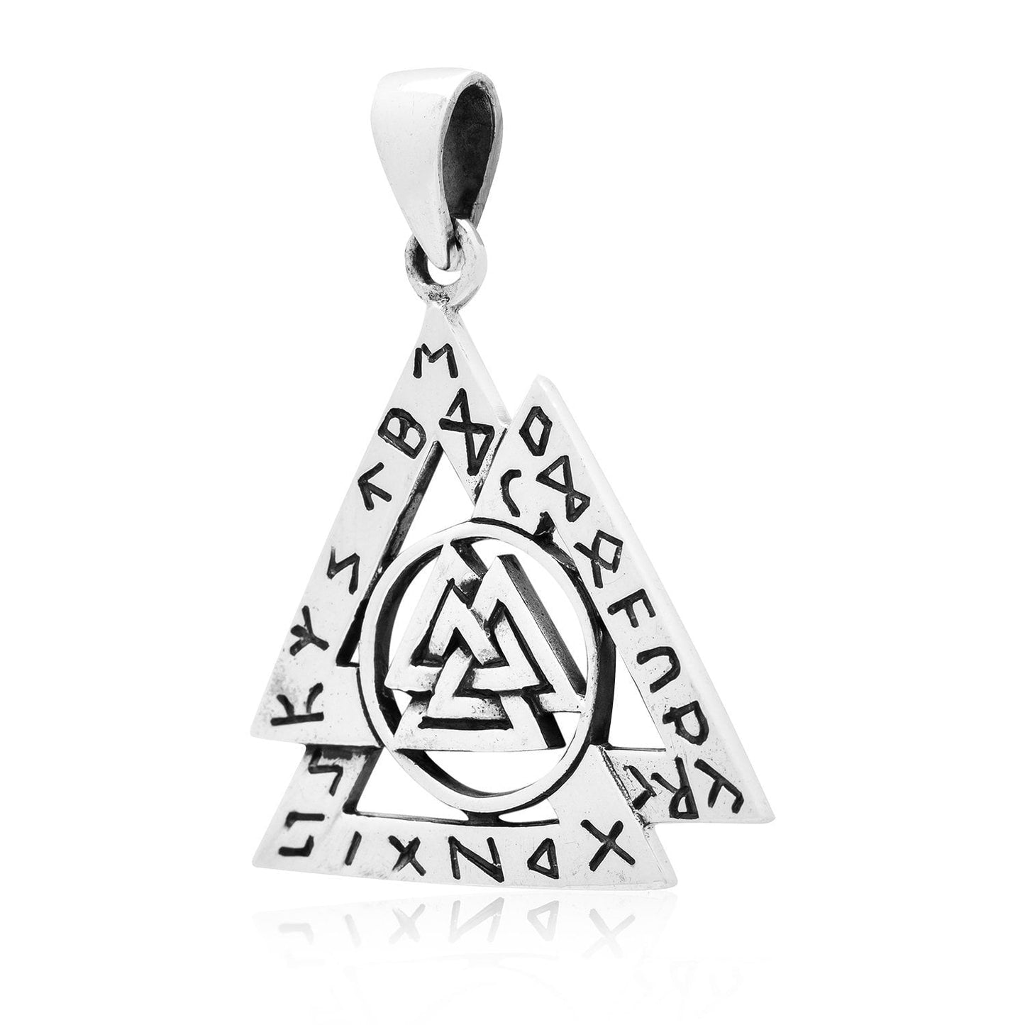 925 Sterling Silver Viking Valknut with Norse Runes Pendant - SilverMania925
