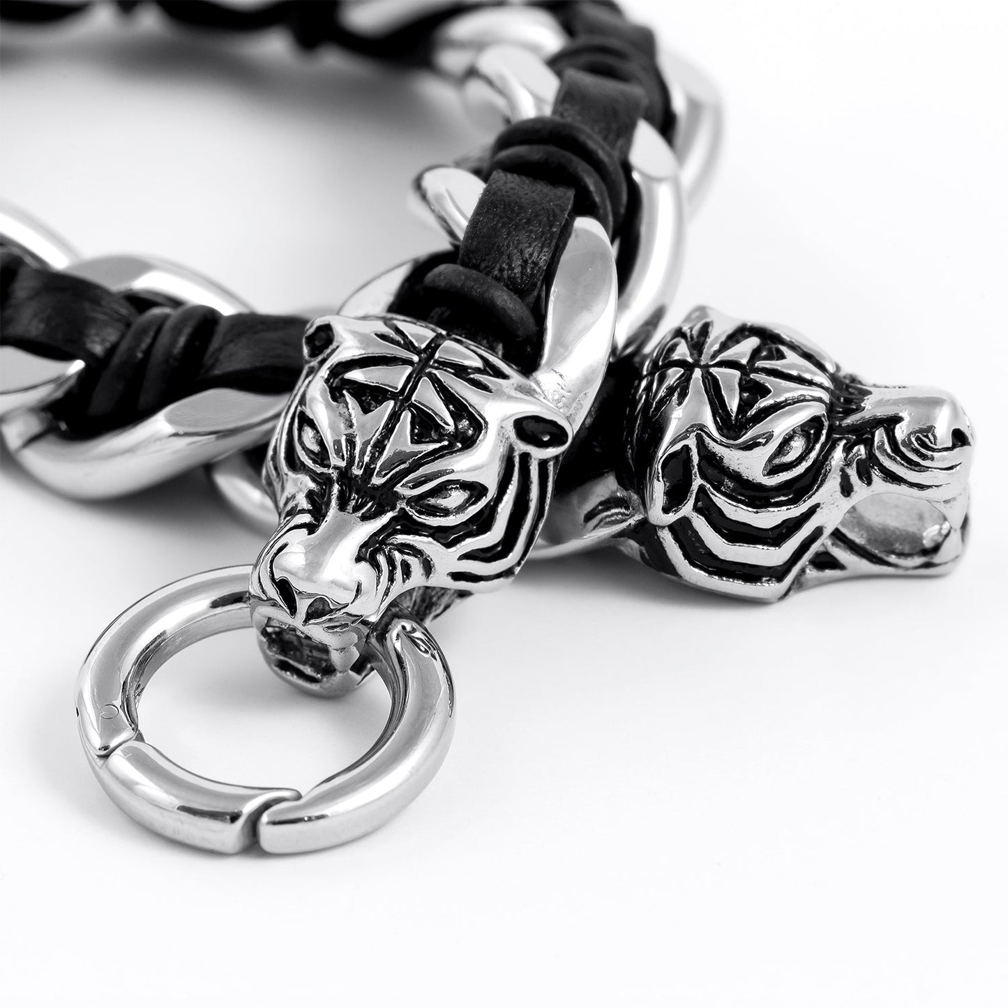 Heavy Stainless Steel Viking Tiger Head with Leather Bracelet - SilverMania925