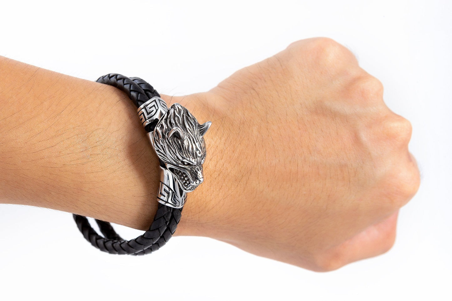Stainless Steel Viking Wolf Head with Braided Leather Bracelet - SilverMania925