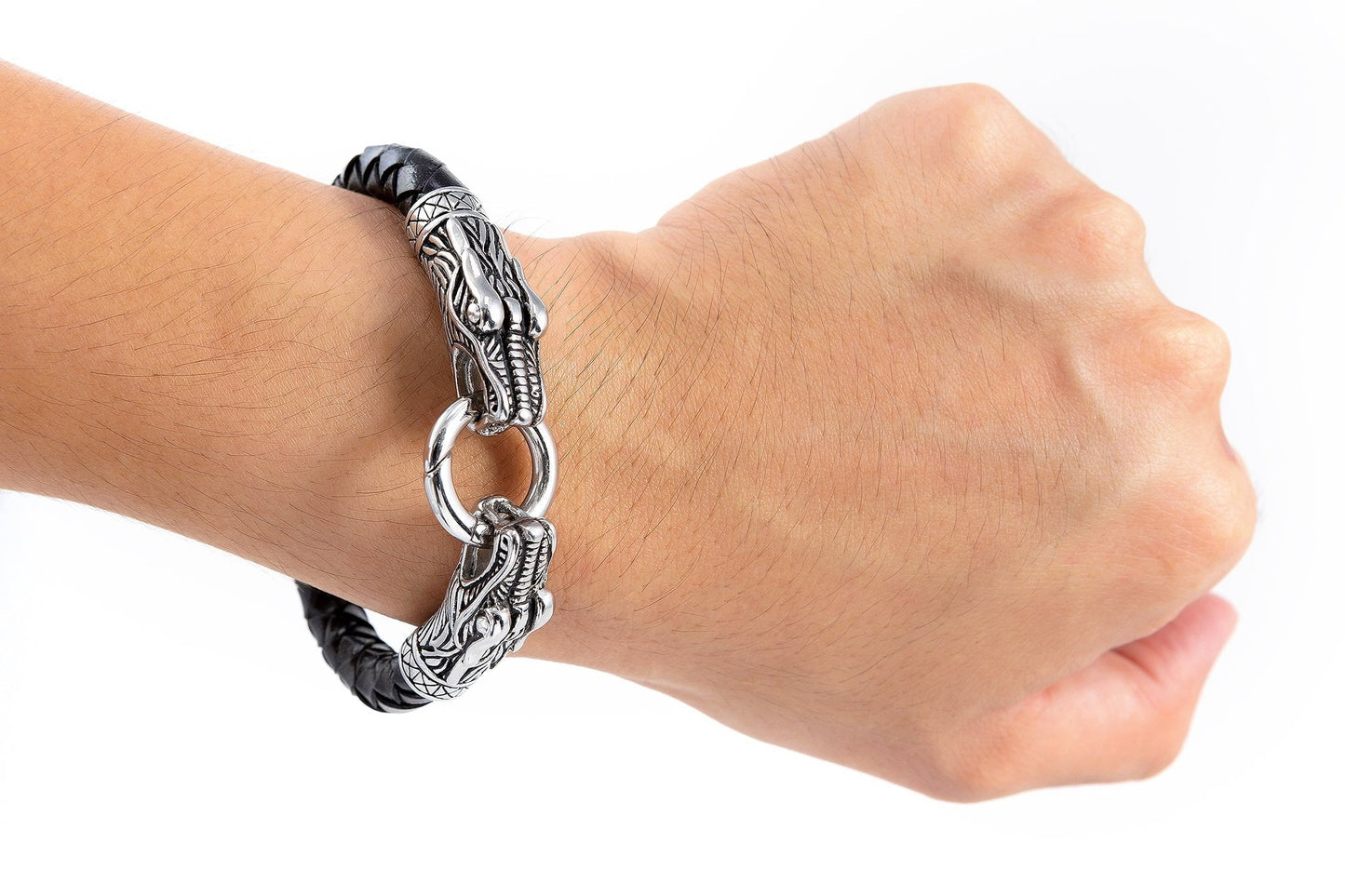 Stainless Steel Viking Jormungand with Braided Leather Bracelet - SilverMania925