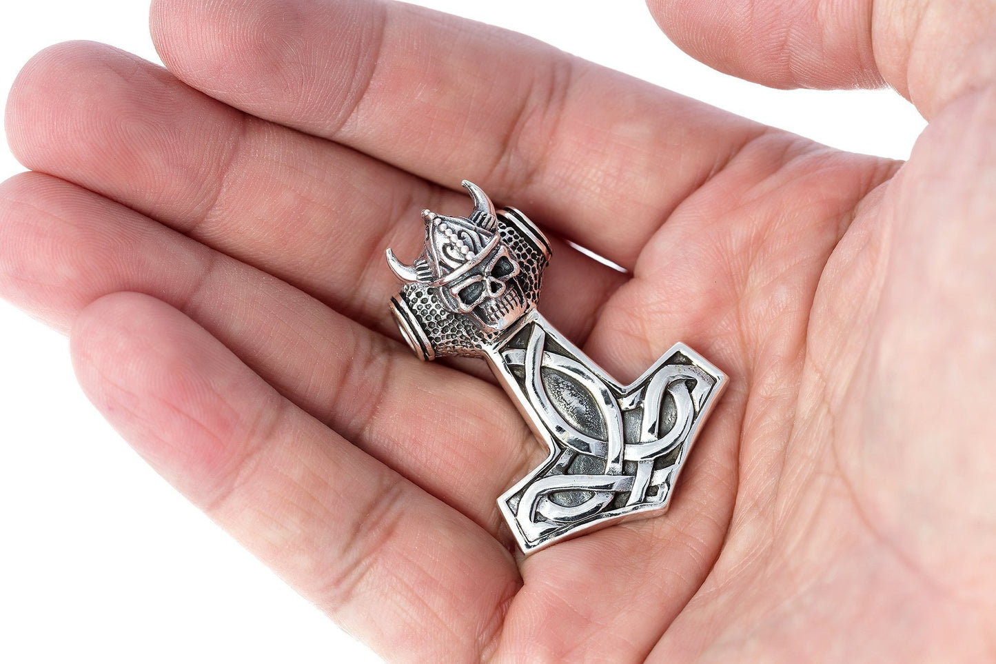 925 Sterling Silver Viking Thor Hammer Skull Helmet Amulet Pendant - SilverMania925