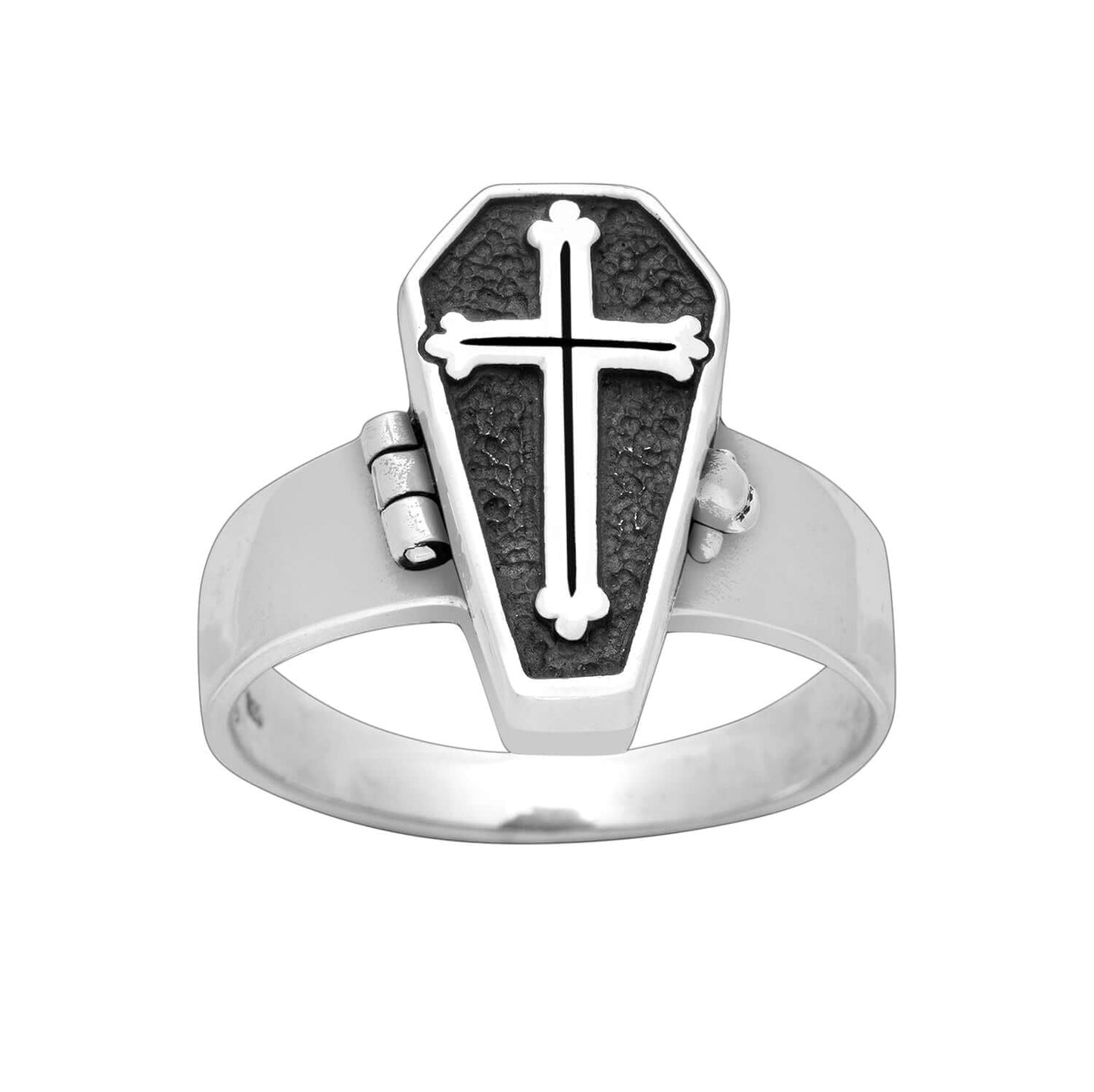 925 Sterling Silver Coffin Locket Ring with Gothic Cross - SilverMania925