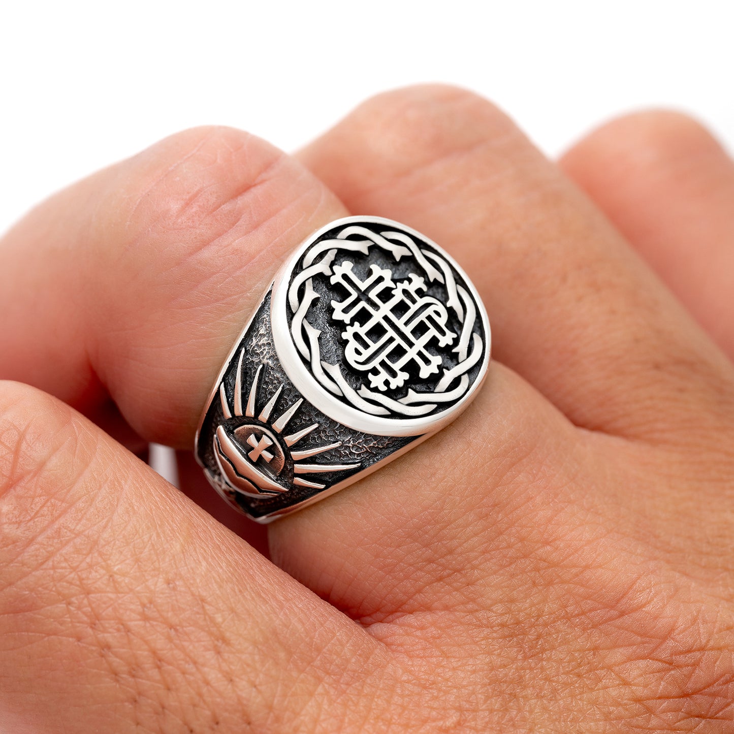 925 Sterling Silver IHS Ring with The Holy Grail