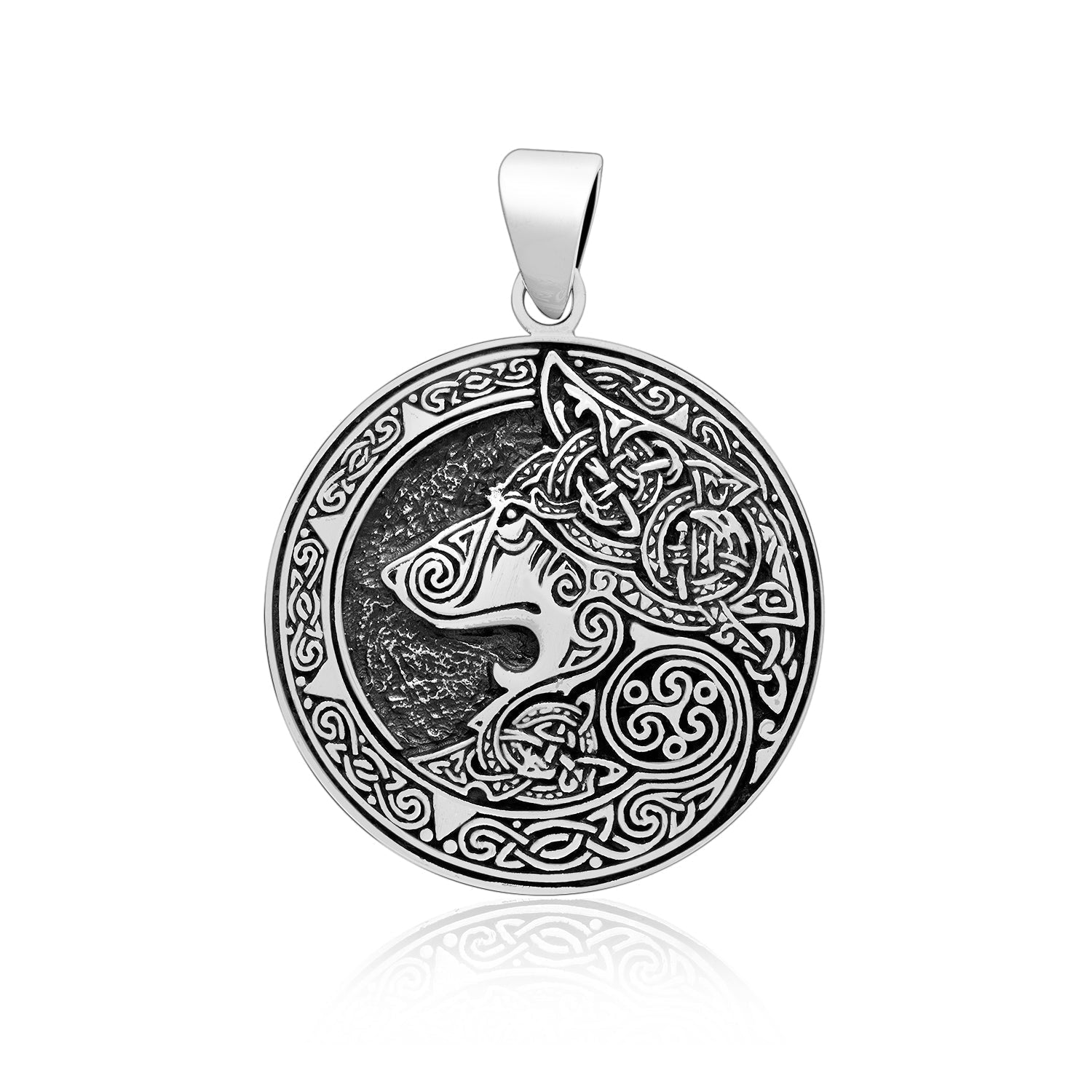 925 Sterling Silver Viking Fenrir Head Pendant with Mammen Knotwork - SilverMania925