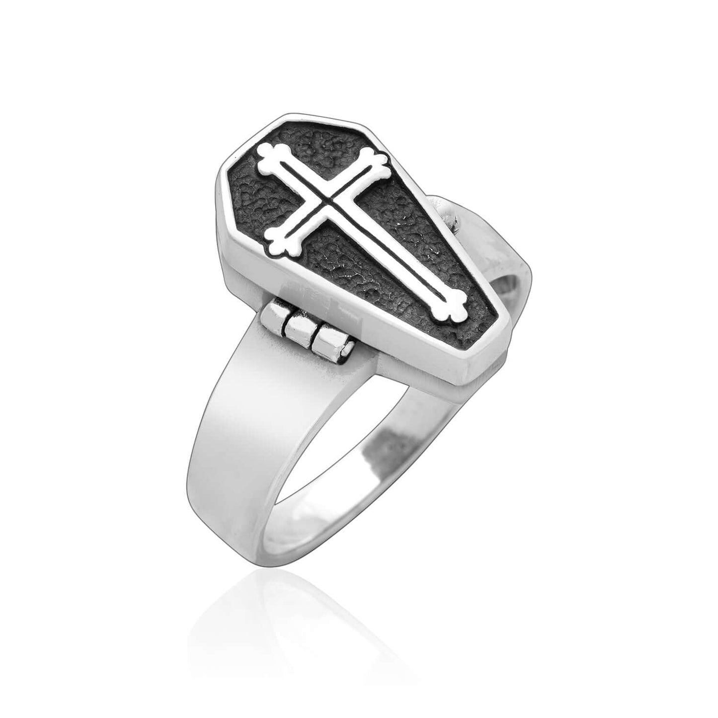 925 Sterling Silver Coffin Locket Ring with Gothic Cross - SilverMania925