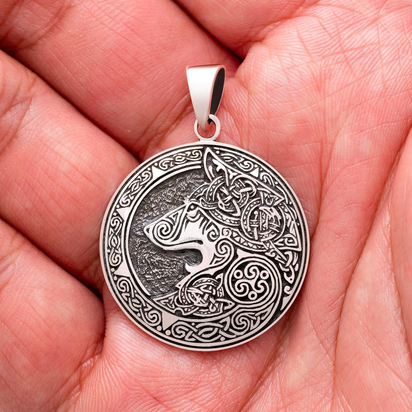 925 Sterling Silver Viking Fenrir Head Pendant with Mammen Knotwork - SilverMania925