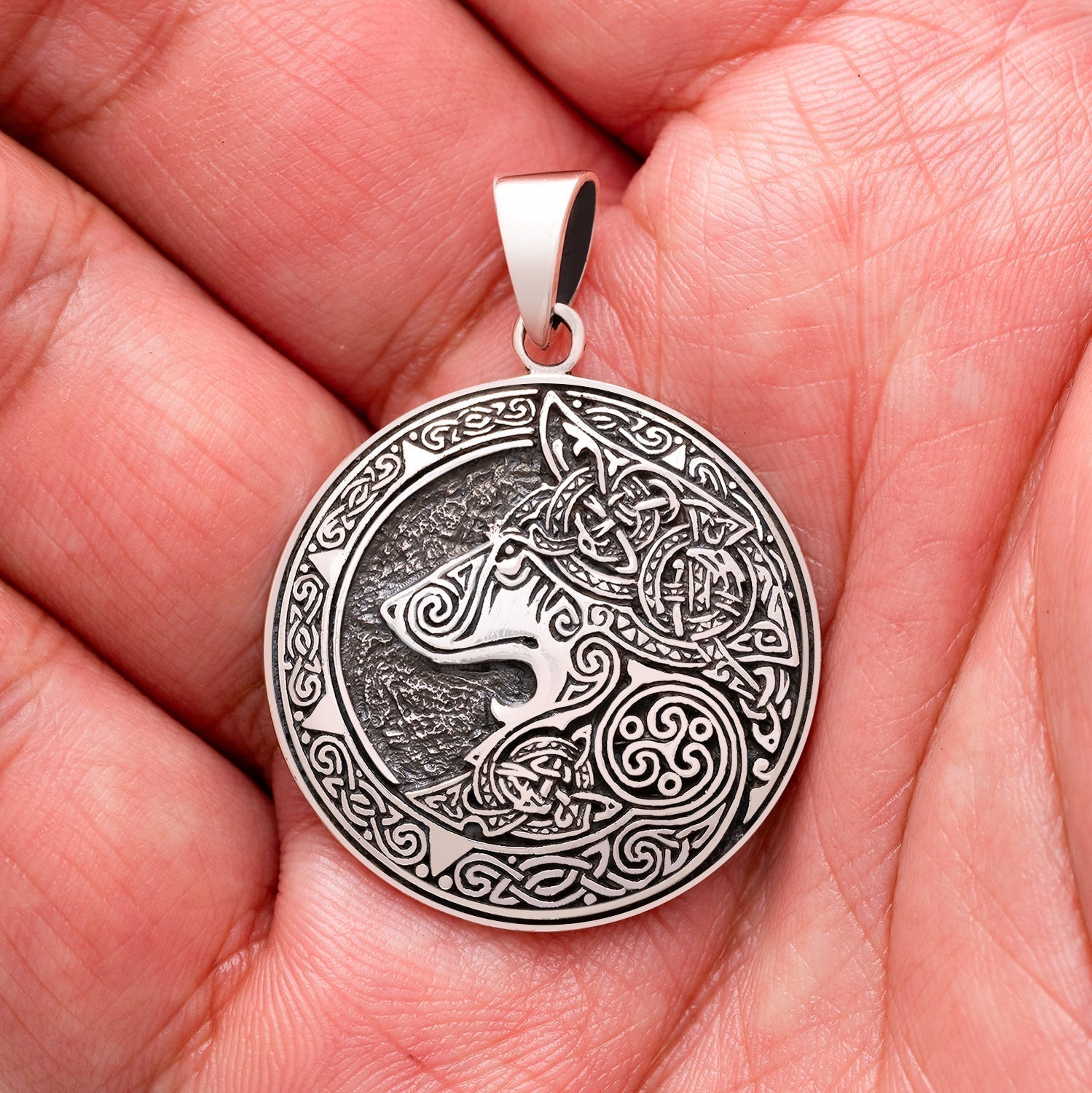 925 Sterling Silver Viking Fenrir Head Pendant with Mammen Knotwork