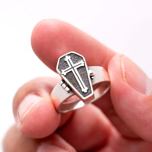 925 Sterling Silver Coffin Locket Ring with Gothic Cross