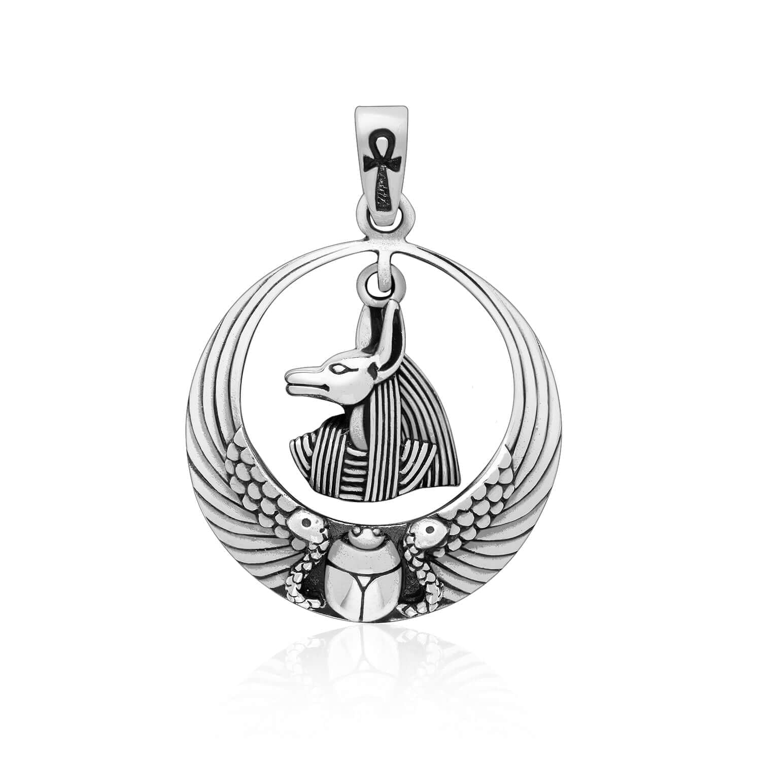 925 Sterling Silver Egyptian God Anubis Pendant with Ankh and Scarab - SilverMania925