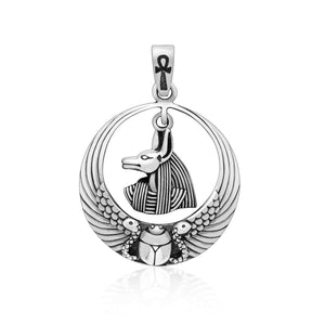 925 Sterling Silver Egyptian God Anubis Pendant with Ankh and Scarab