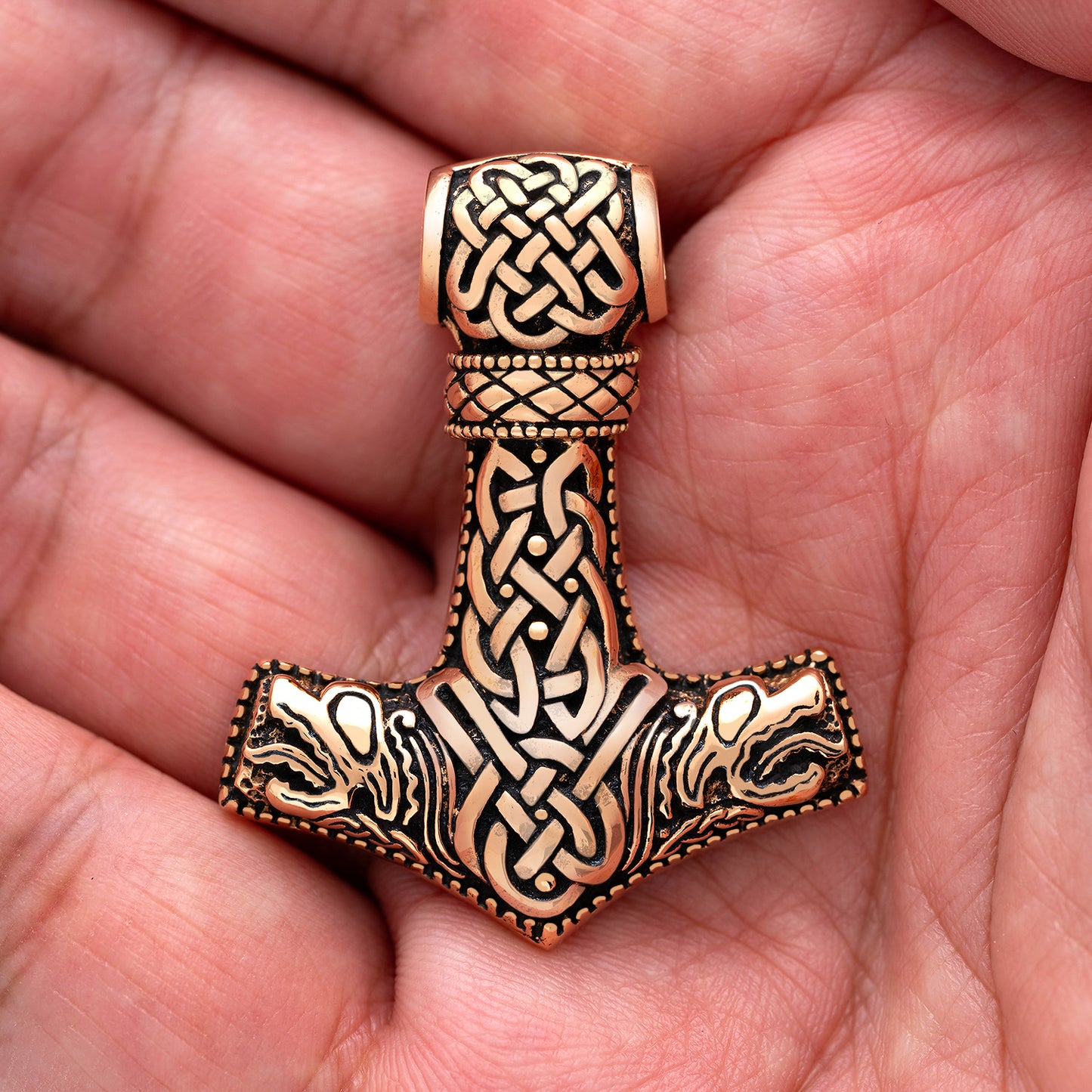 Mjolnir Bronze Pendant With Jormungand Heads