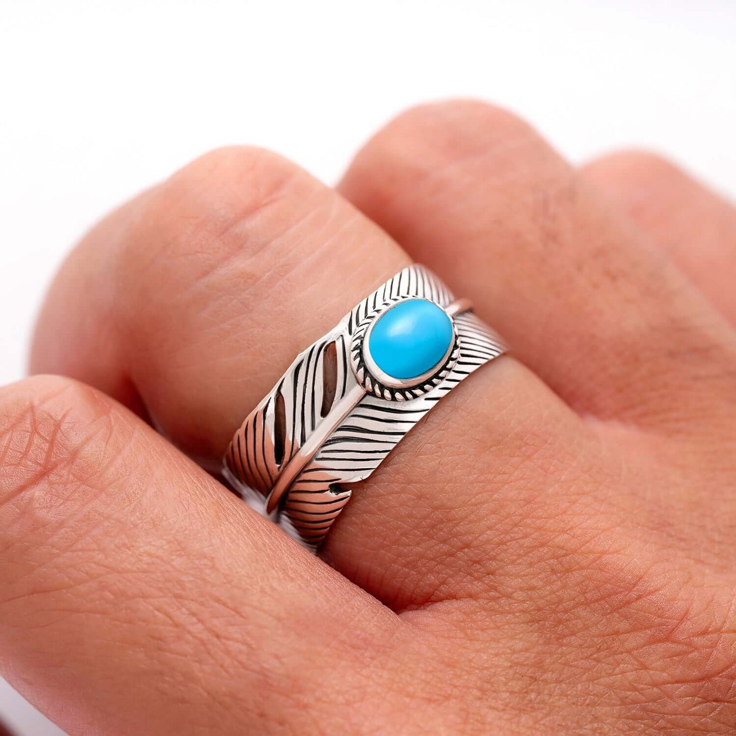 925 Sterling Silver Navajo Feather Ring with Turquoise - SilverMania925