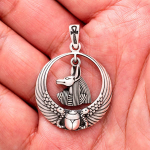925 Sterling Silver Egyptian God Anubis Pendant with Ankh and Scarab