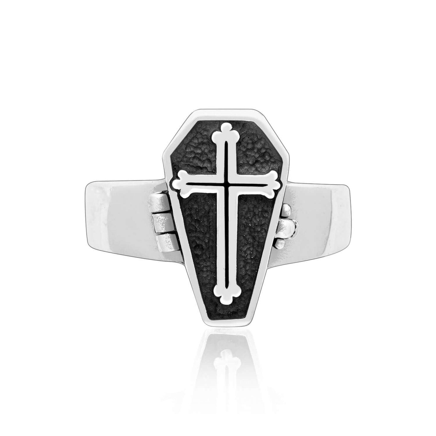 925 Sterling Silver Coffin Locket Ring with Gothic Cross - SilverMania925