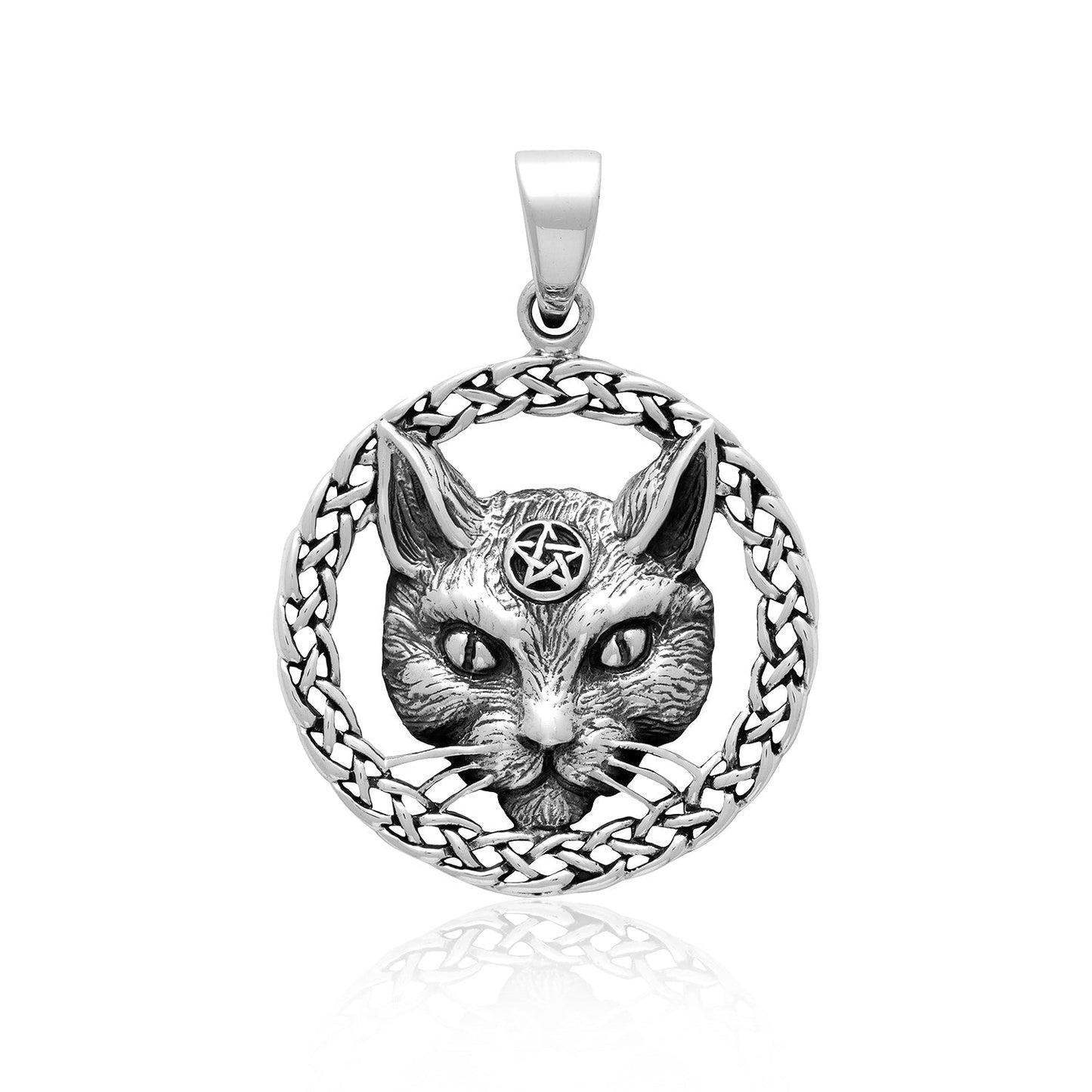 925 Sterling Silver Wiccan Cat Pendant with Pentagram - SilverMania925