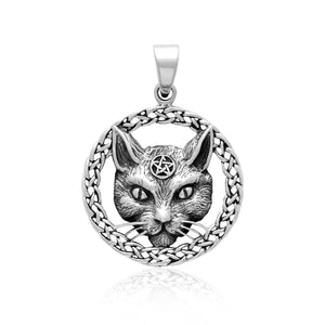 925 Sterling Silver Wiccan Cat Pendant with Pentagram