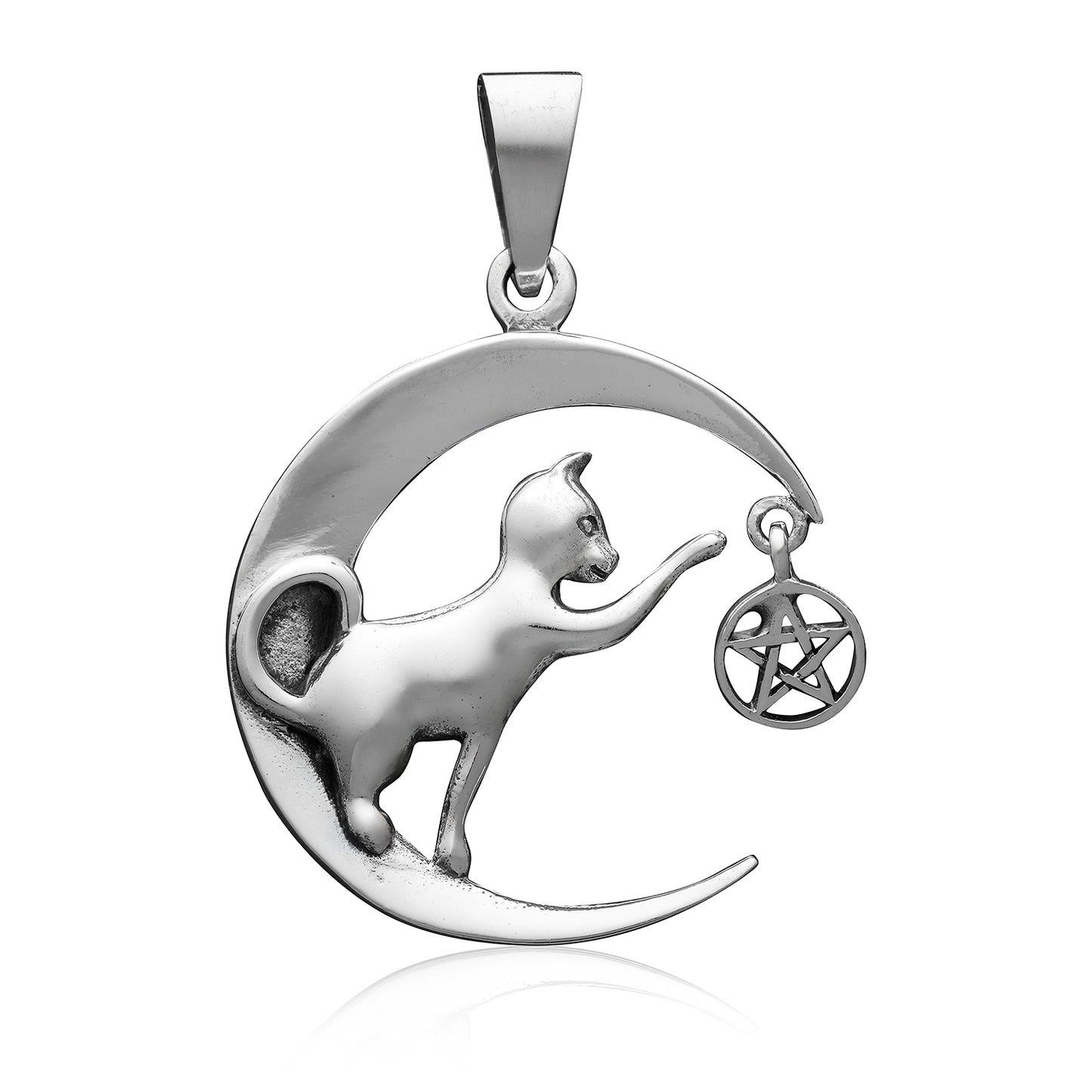 Sterling Silver Cat on Crescent Moon Pendant